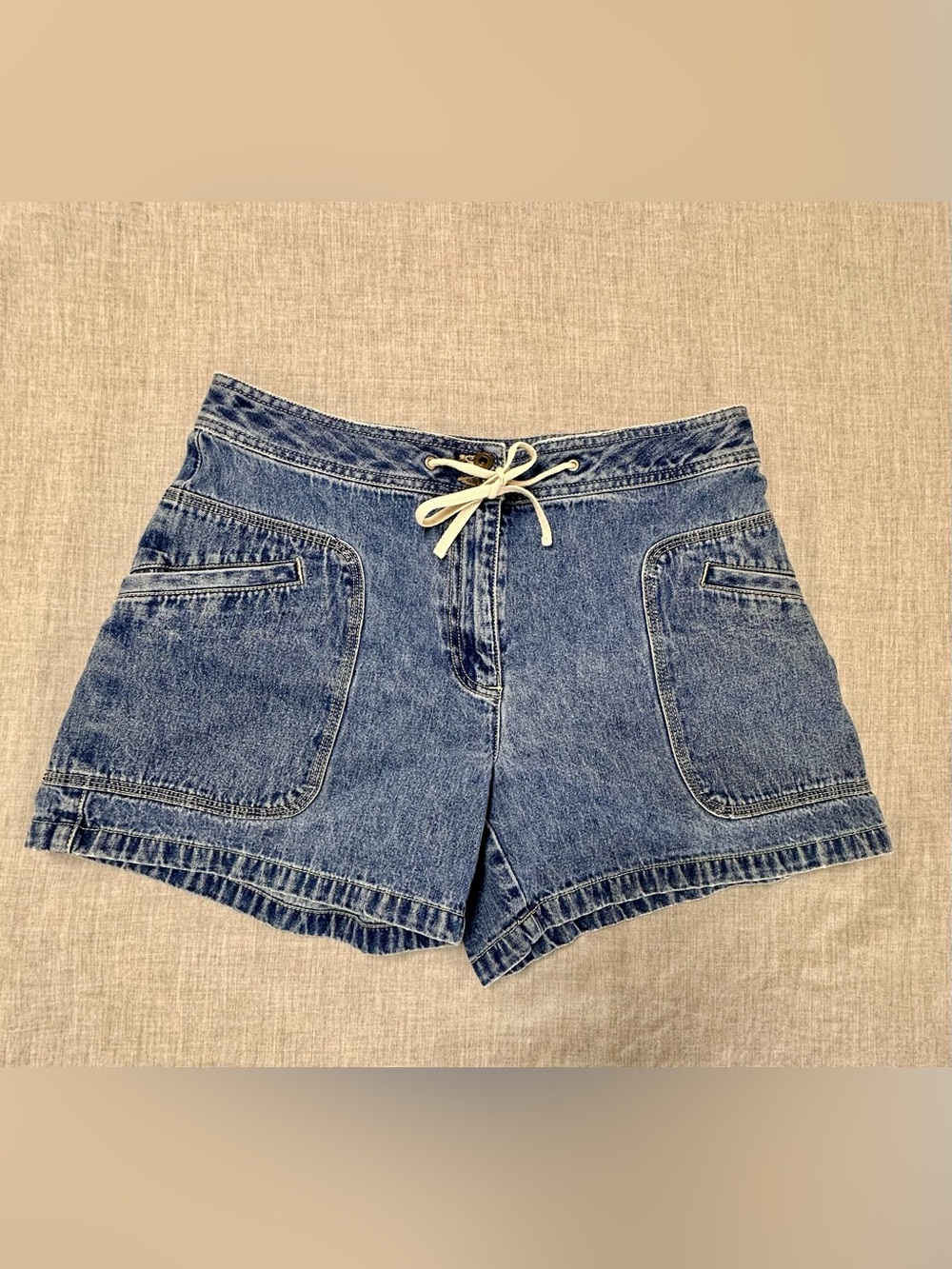 90s Mom Jean Denim Shorts 100% Cotton Drawstring Waist Blue Sz 8